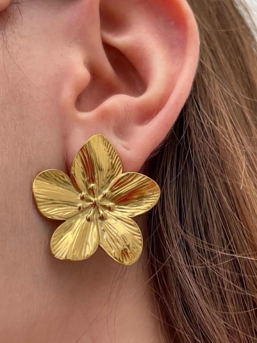 Gold Floral Statement Stud Earrings - Women's Jewelry Stainless Steel Waterproof